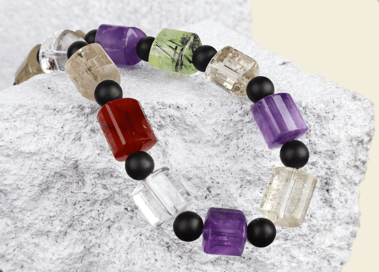 Halsband bergkristall, ametist & onyx