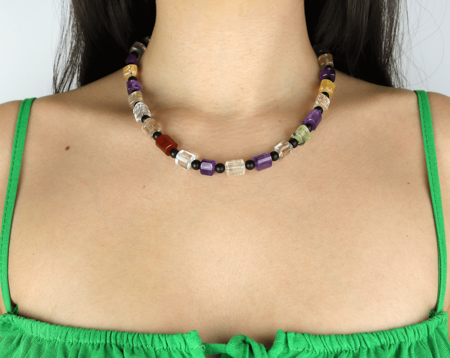 Halsband bergkristall, ametist & onyx